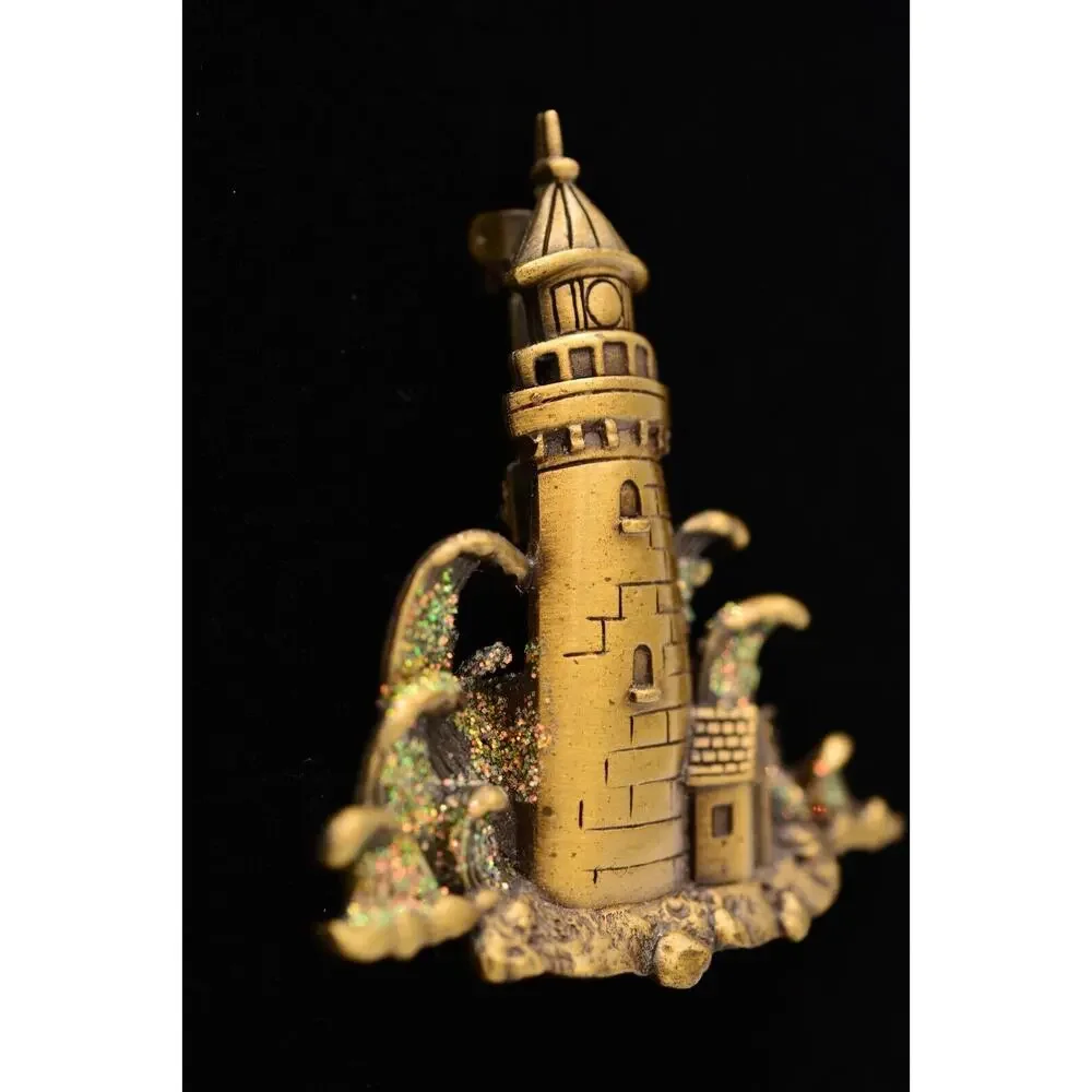 JJ Vintage Lighthouse Pin Brooch Glitter Beach Waves Bronze Signed 1980s BinAH